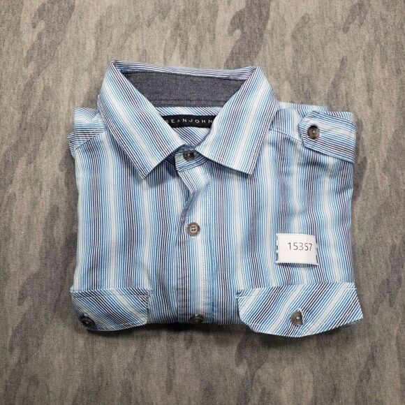 Sean John Shirt Mens Medium Blue Striped Button Up Short Sleeve Pockets - Picture 11 of 11